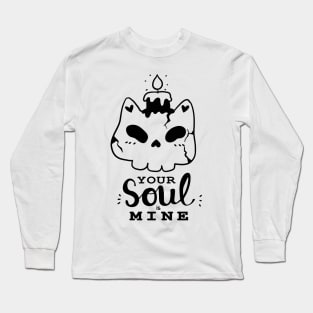 cute skull cat with candle black and white doodle Halloween your soul is mine Long Sleeve T-Shirt